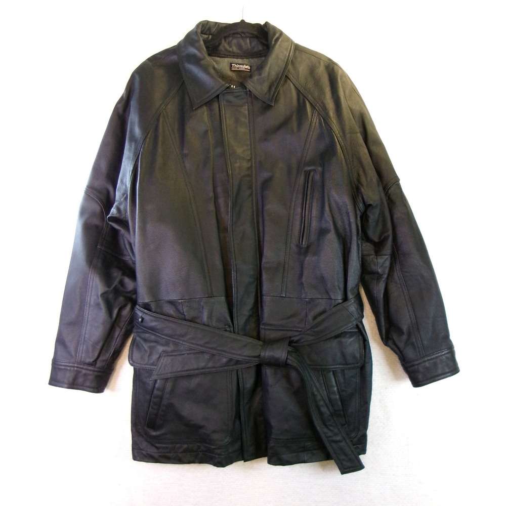 Wilsons Mens M Leather Jacket Black Thinsulate Belted Trench Coat 3M Liner